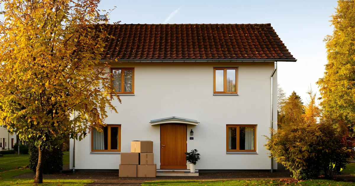 KI-generiertes Symbolbild: Einfamilienhaus im Herbstlicht mit Umzugskartons vor der Haustür